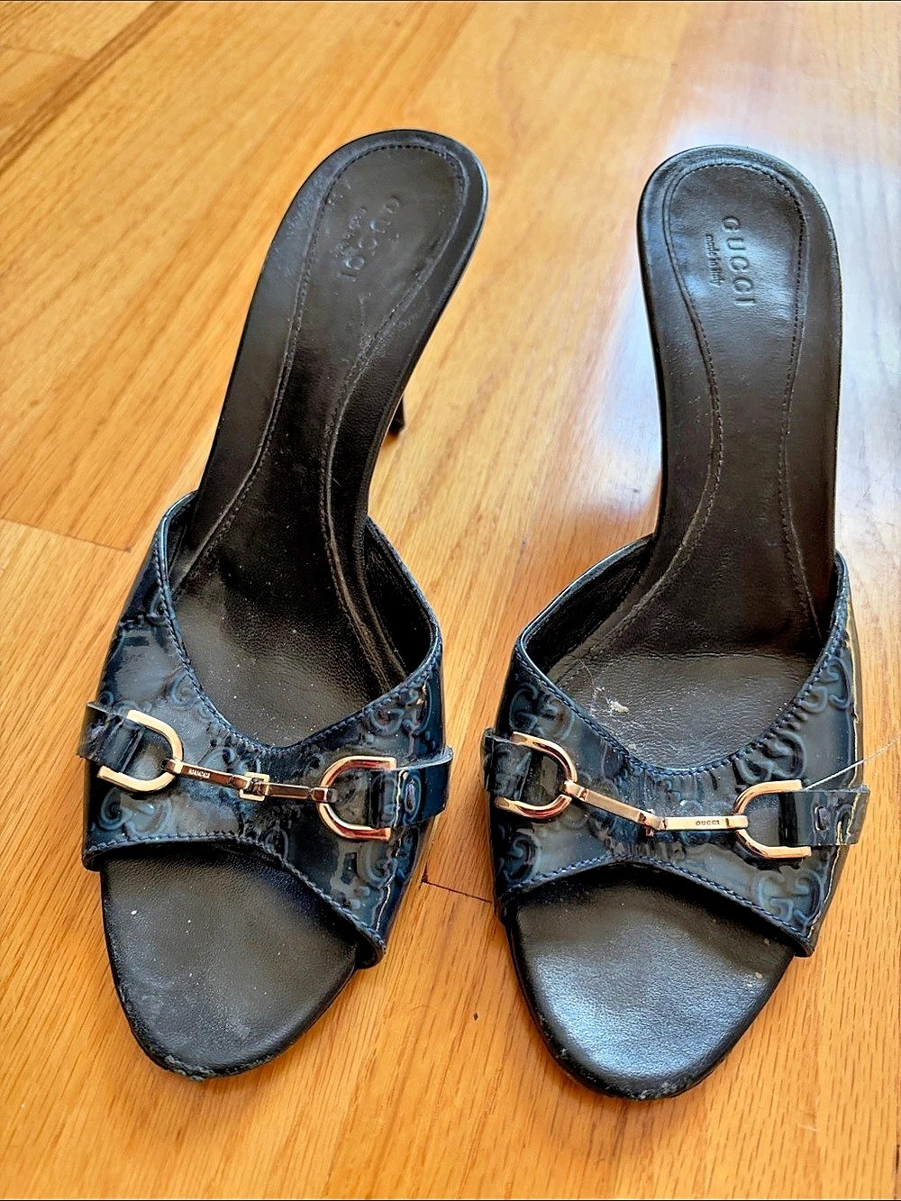 Gucci GG Monogram Horsebit Kitten Heel Mules in Blue & Red